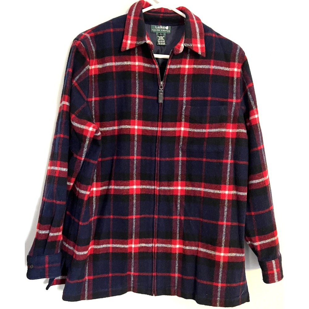 Lauren Ralph Lauren Jacket Womens Large Red Navy Plaid Wool Zip Front Shacket